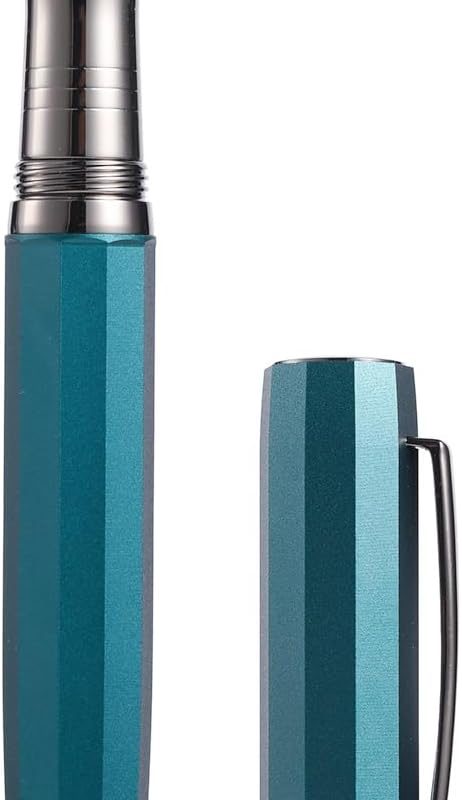 N11 Fountain Pen, Titanium-Coated Black Extra Fine Soft Nib, Peacock Blue & Octagonal Geometric Design with Metal Case Set