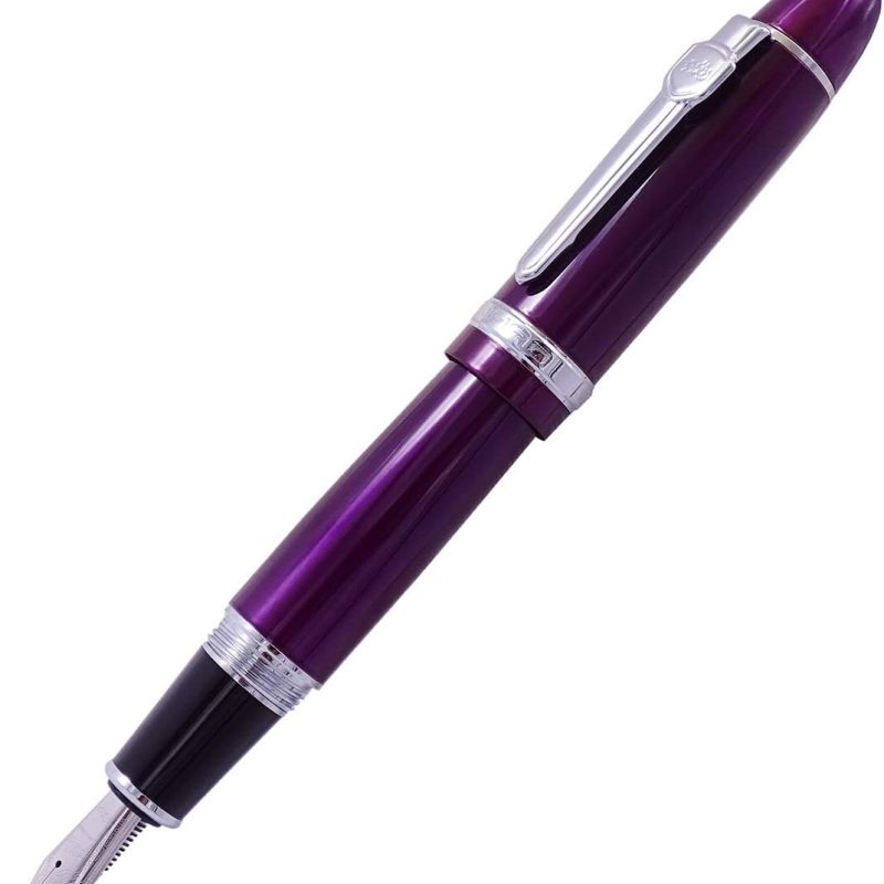 Fountain Pen,  Pen Bent Nib, Purple Lacquer Silver Trim Big Heavy Pen with Pouch and Ink Converter
