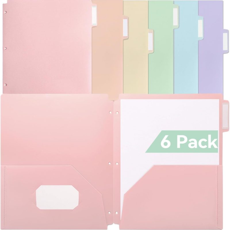 Plastic Folders with Pockets 3 Hole Punched, 6 Pack Pastel Pocket Folders for 3 Ring Binder, Unique 1/3 Cut Tabs with Colorful Labels, School Folders, Letter Size