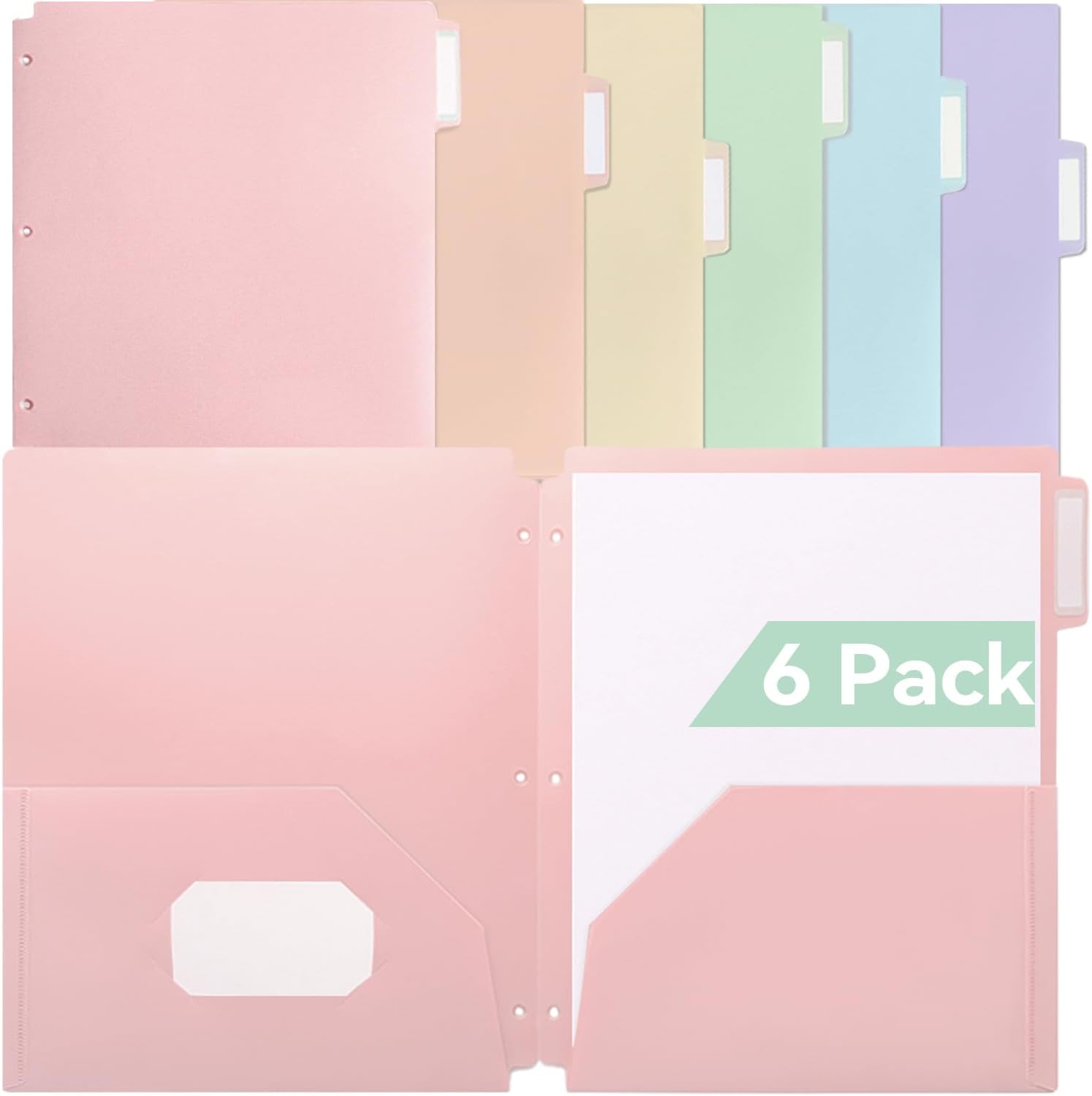Plastic Folders with Pockets 3 Hole Punched, 6 Pack Pastel Pocket Folders for 3 Ring Binder, Unique 1/3 Cut Tabs with Colorful Labels, School Folders, Letter Size