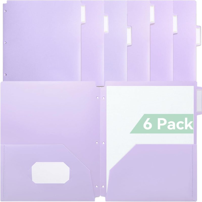 Plastic Folders with Pockets 3 Hole Punched, 6 Pack Purple Pocket Folders for 3 Ring Binder, Unique 1/3 Cut Tabs with Colorful Labels, Letter Size