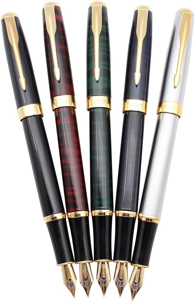 5 PCS Classic Metal Fountain Pen Gift Pens with Converters, 5 Colors