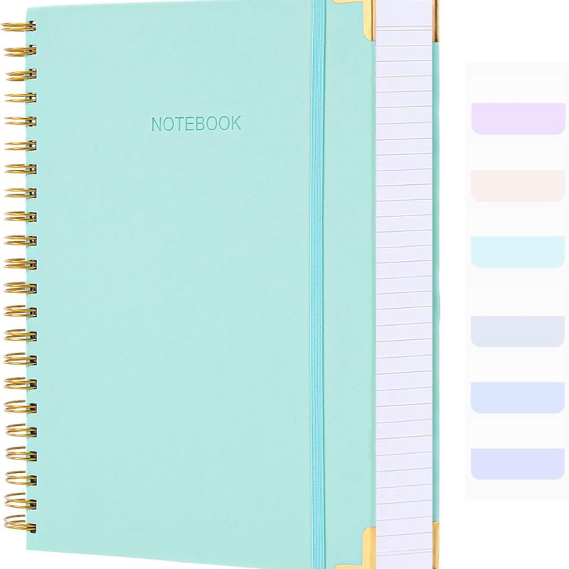 Spiral Notebook, College Ruled Notebook Journal, 8.5” x 11”, 300 Pages Leather Writing Journal for Women Men, A4 Hardcover Notebook for Work School, 24pcs Index Tabs, Teal