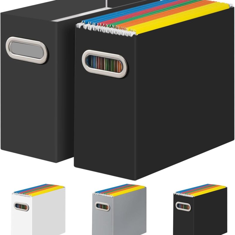 File Organizer, Cardboard File Box for Letter Size Collapsible Hanging File Folder Storage Organizer with Handles for Office/Home/School, Black, 2 Packs