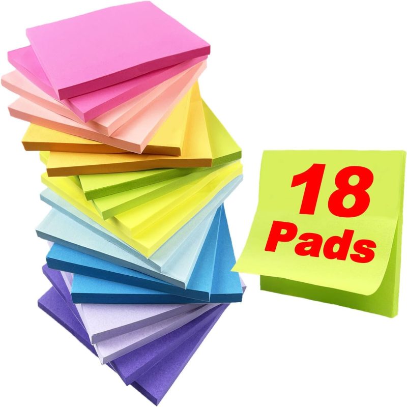 Sticky Notes, 18 Pads, 3 x 3 inches, Multi-Color, Self-Stick Pads, 56 Sheets/Pad, School Supplies and Office Products(Bright Colors)
