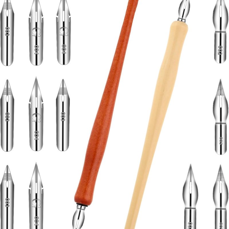 14 PCS Dip Pen Set, Wooden Calligraphy Drawing Set with 12 Replacement Flex Fountain Pen Nib for Beginners Professors Writing Painting Signing Sketch