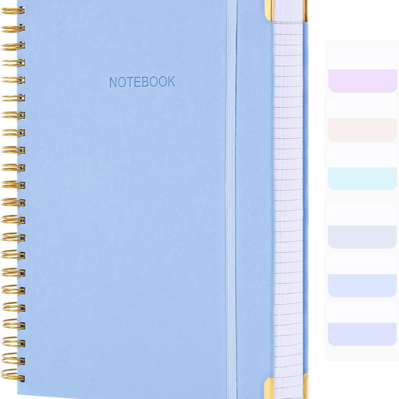 Spiral Notebook, College Ruled Notebook, 8.5" x 11", 300 Pages Hardcover Leather Notebook Journal for Women Men, A4 Large Lined Journal Notebooks for Work School, 24pcs Index Tabs, Thick, Light Blue