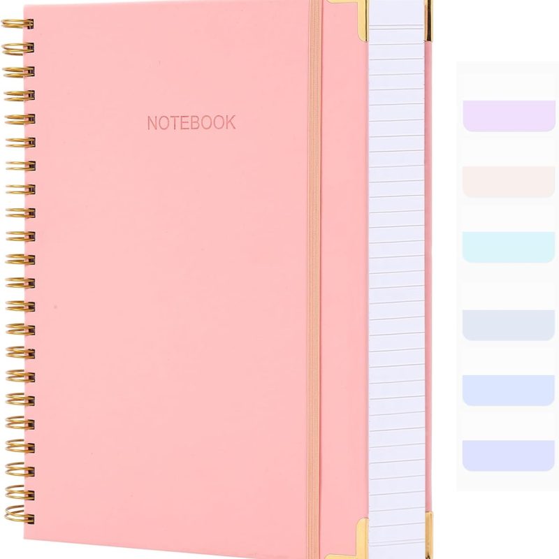 Spiral Notebook, College Ruled Notebook Journal, 8.5” x 11”, 300 Pages Leather Writing Journal for Women Men, A4 Hardcover Notebook for Work School, 24pcs Index Tabs, Pink