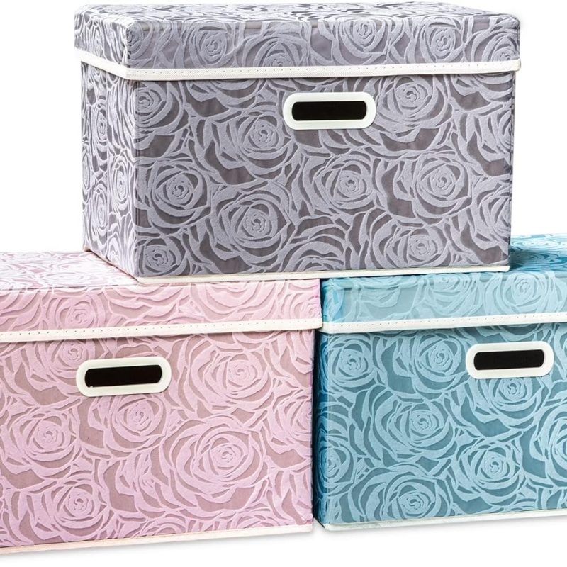Larger Collapsible Storage Cubes with Lids Fabric Decorative Storage Bins Boxes Organizer Containers Baskets with Cover Handles for Bedroom Closet Living Room 17.7x11.8x11.8 Inch 3 Pack