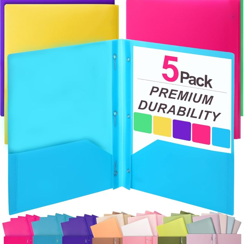 - Plastic Folders with Pockets and Prongs, 5 Pack, Letter Size, Flexible Plastic Folders with Prongs