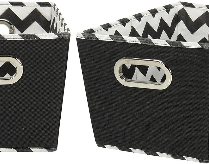 Fabric Storage Bins, Set of 2, Tapered Bins, PP Non-Woven Liner, Dual Grommet Handles, Folds for Compact Self-Storage, Attractive Chevron Print, Black