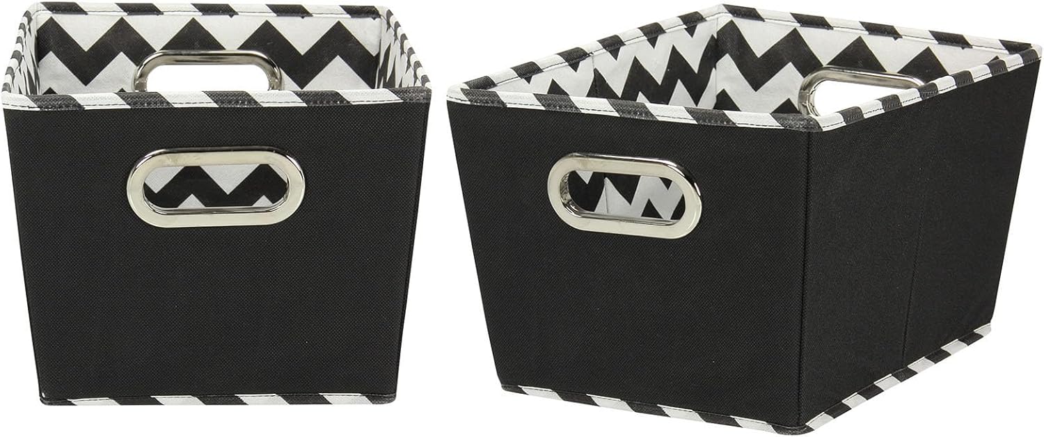 Fabric Storage Bins, Set of 2, Tapered Bins, PP Non-Woven Liner, Dual Grommet Handles, Folds for Compact Self-Storage, Attractive Chevron Print, Black