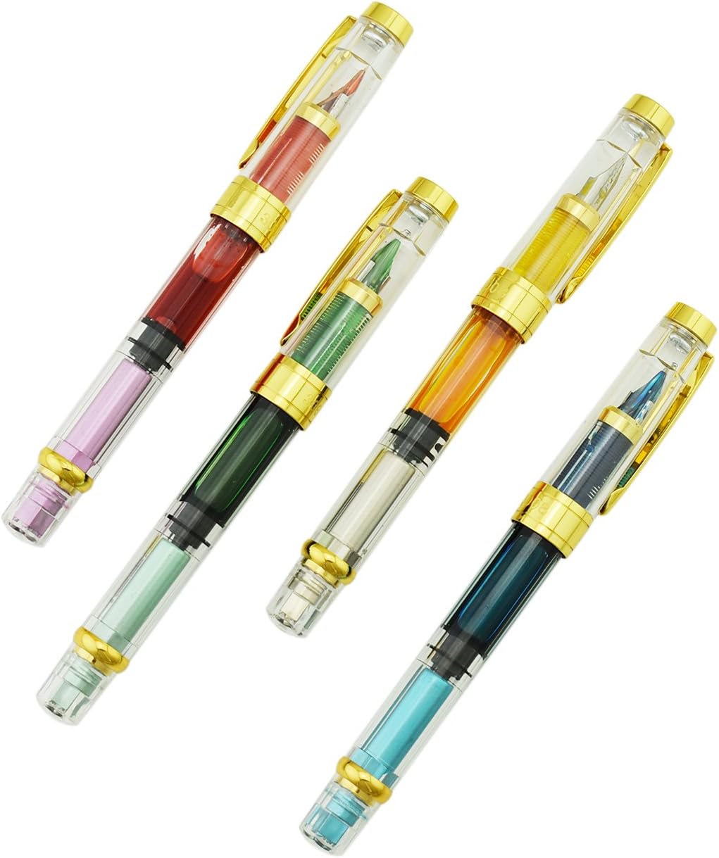 4 PCS 3008 Piston Fountain Pen Fine Nib Transparent Diversity Color Gold Trim Set