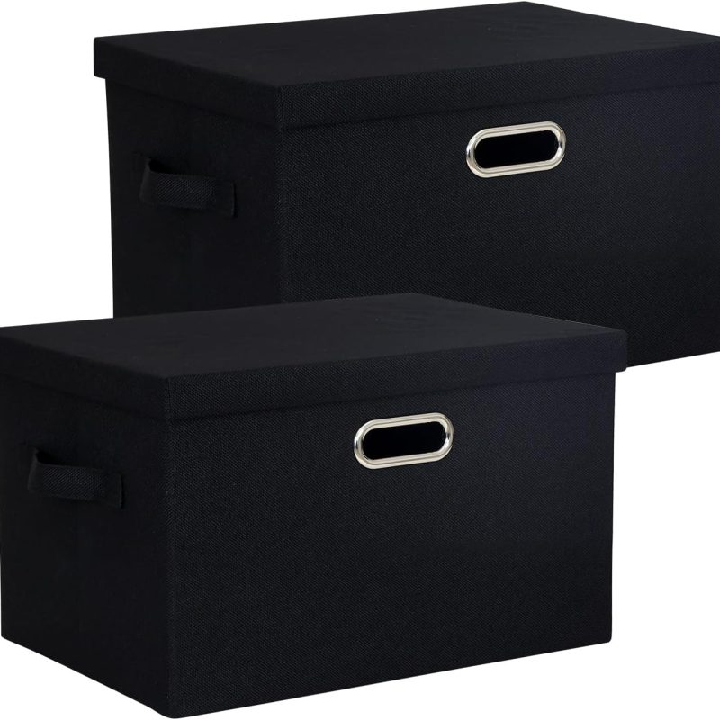 2-Pack Storage Bins with Lid, 16.6x12.3x11.1 Inch Fabric Cube Bins Organizer Basket Foldable Storage Box Containers with Handles for Closet Shelf Home Office Utility Room - Black
