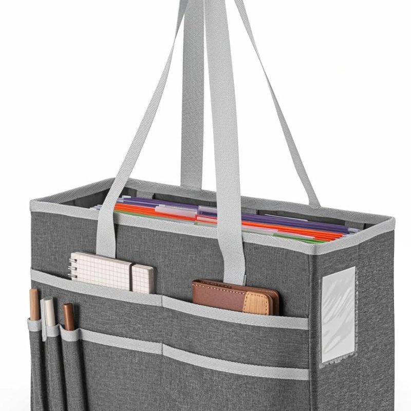 File Organizer Box, Portable Tote Bag Hanging Filing Box Desktop File Folder Document Storage Organizer with Pockets and Handles