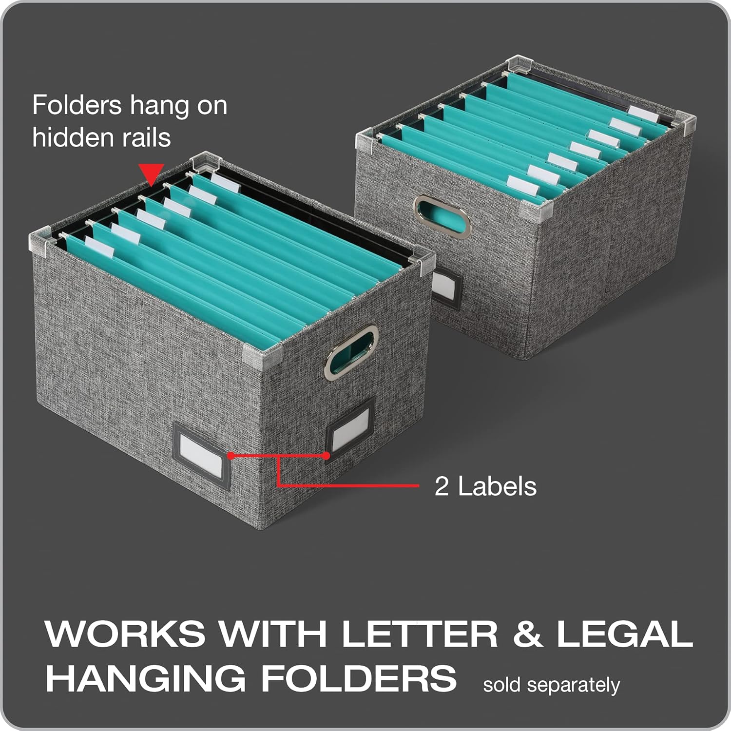 Collapsible File Box with Lid, Includes File Frame for Letter and Legal Hanging File Folders, Metal Handles, Labels, Heather Gray (41790) - Image 2