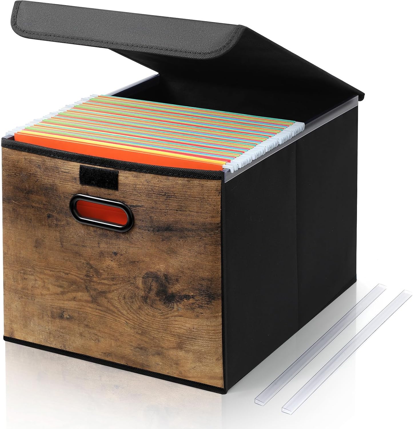 Decorative File Organizer Box with Wood Grain Pattern, Portable File Folder Box with Lid, Easy Slide, Durable Hanging, Collapsible, Polyester, for Letter Legal Storage, Office, Home, Wooden Decor