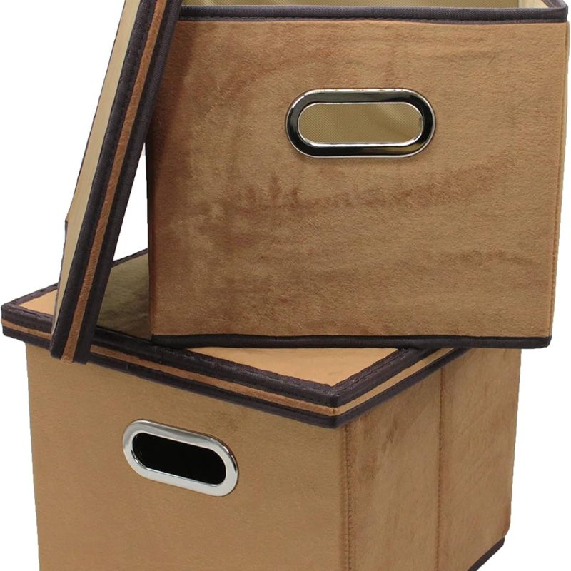 Brown Velvet Fabric Foldable File Cabinet Storage Box Shelf Organizer Hanging File Folder with Lid [2 Pack, Letter Size]