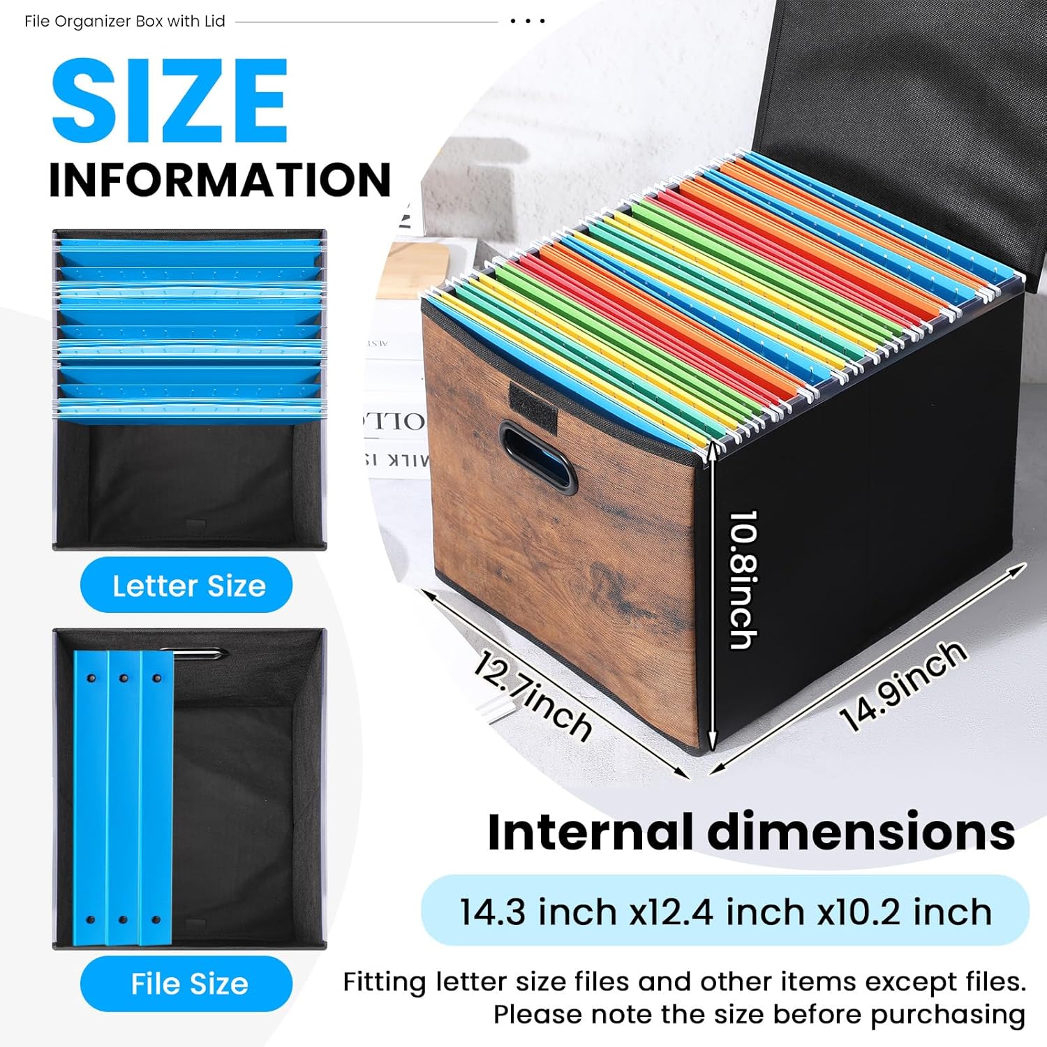 Decorative File Organizer Box with Wood Grain Pattern, Portable File Folder Box with Lid, Easy Slide, Durable Hanging, Collapsible, Polyester, for Letter Legal Storage, Office, Home, Wooden Decor - Image 2