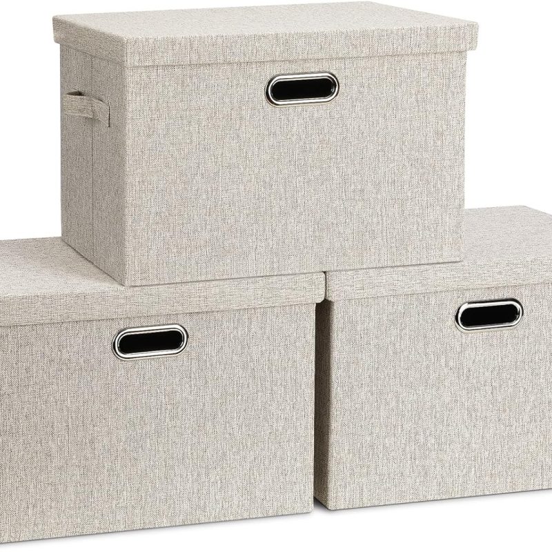 Large 17" 36 Quart Collapsible Stackable Storage Bins with Lids, 3 Packs Beige Linen Fabric Closet Boxes with Lids, Storage Cube Baskets Container Organizers for Bedroom Office(17 x12 x11)