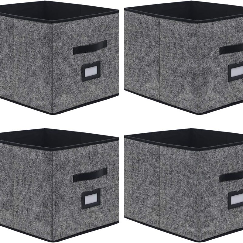 Extra Large Foldable Cloth Storage Cubes 4 Pack with Label Holders - Fabric Storage Bins Baskets Organizers for Home Office Nursery with Handles, 13 L x 15 W x 13 H Inch, Black,