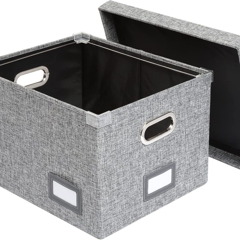Collapsible File Box with Lid, Includes File Frame for Letter and Legal Hanging File Folders, Metal Handles, Labels, Heather Gray (41790)