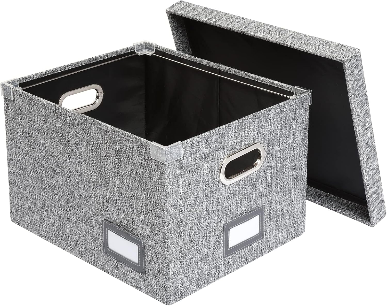 Collapsible File Box with Lid, Includes File Frame for Letter and Legal Hanging File Folders, Metal Handles, Labels, Heather Gray (41790)