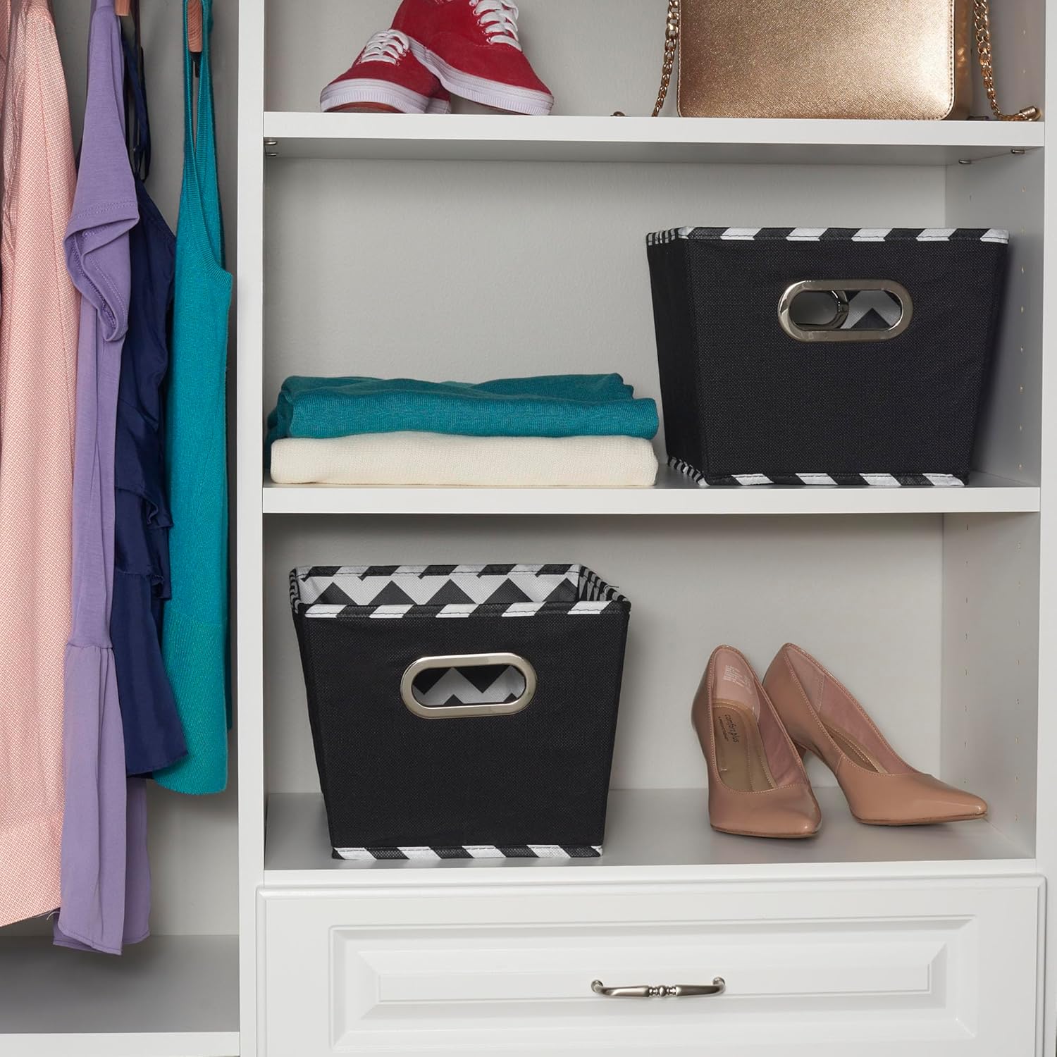 Fabric Storage Bins, Set of 2, Tapered Bins, PP Non-Woven Liner, Dual Grommet Handles, Folds for Compact Self-Storage, Attractive Chevron Print, Black - Image 2